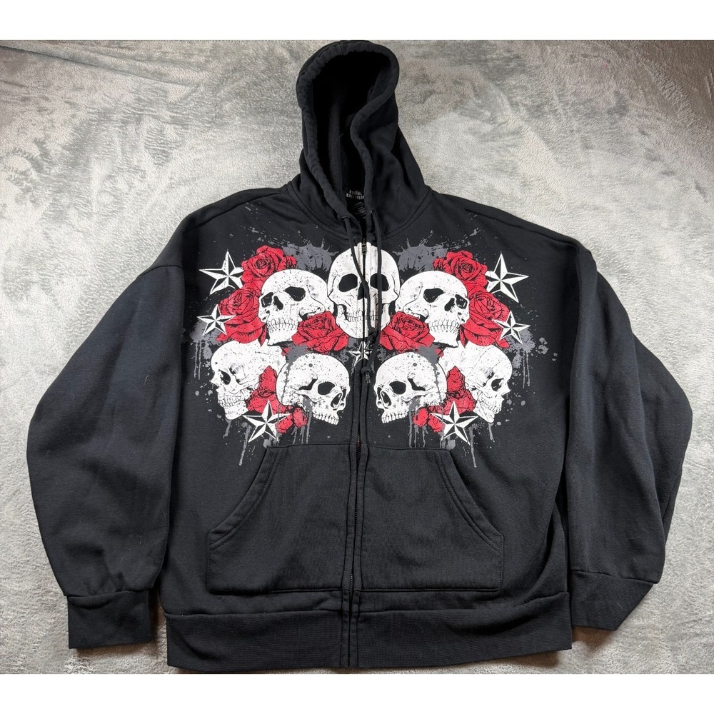Social Collision Skull Roses Zip Hoodie Black Mens M Graphic